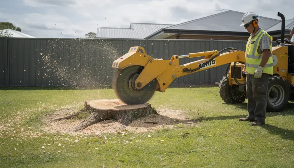 A professional stump grinder machine is actively grinding a medium-sized tree stump in a suburban backyard, surrounded by a well-maintained lawn. This efficient stump grinding process not only removes the unsightly stump but also prepares the area for potential replanting and landscaping improvements.