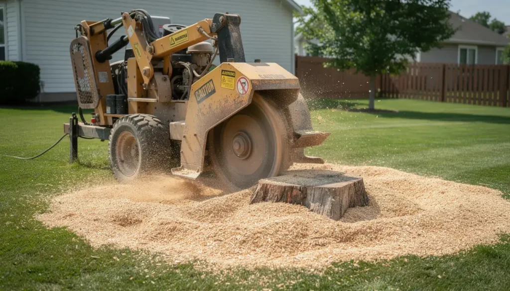 A professional stump grinder machine is actively grinding a tree stump on a residential lawn, surrounded by freshly chipped wood, showcasing the stump removal process. This specialist equipment is designed to provide efficient stump grinding services, contributing to the overall visual improvement of the surrounding landscape for property owners.